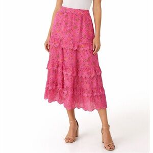 CAROLINE CONSTAS Pink Floral Midi Skirt Size L